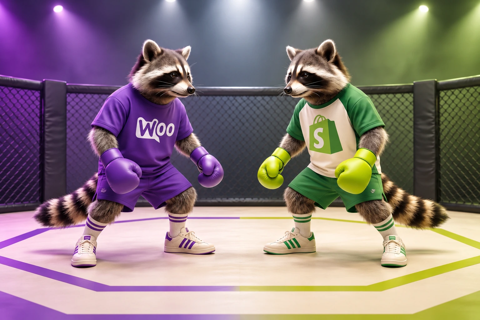 Religh raccoons representing WooCommerce and Shopify face each other in a wide boxing arena.
