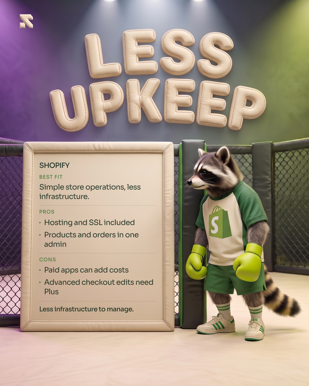 Our green Shopify raccoon beside the Less Upkeep comparison board.