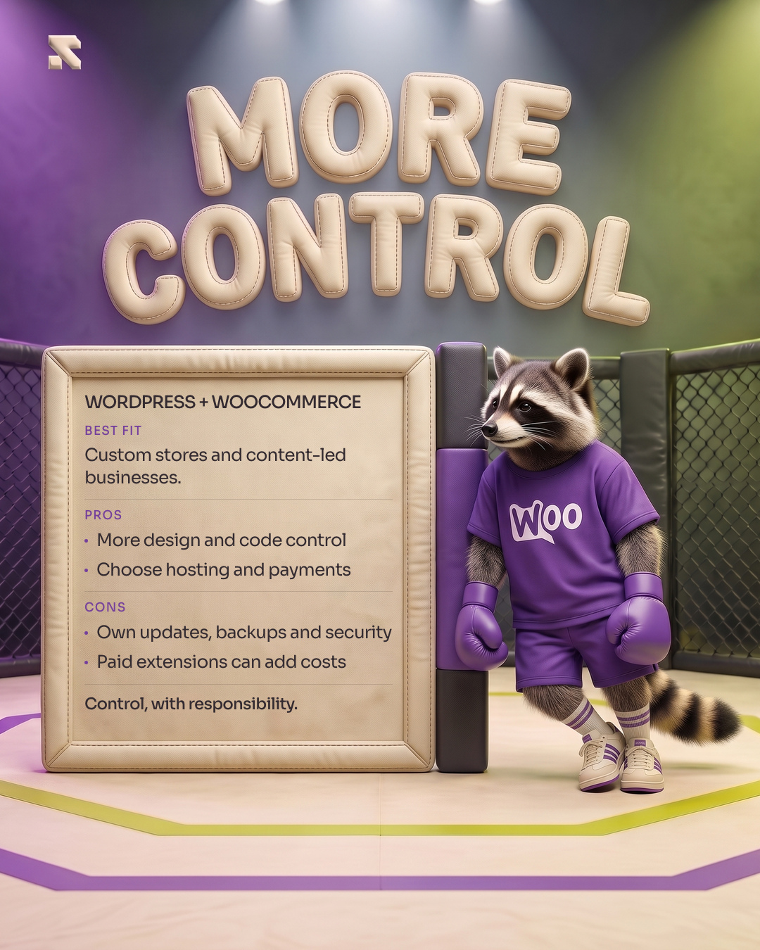 Our purple WooCommerce raccoon beside the More Control comparison board.