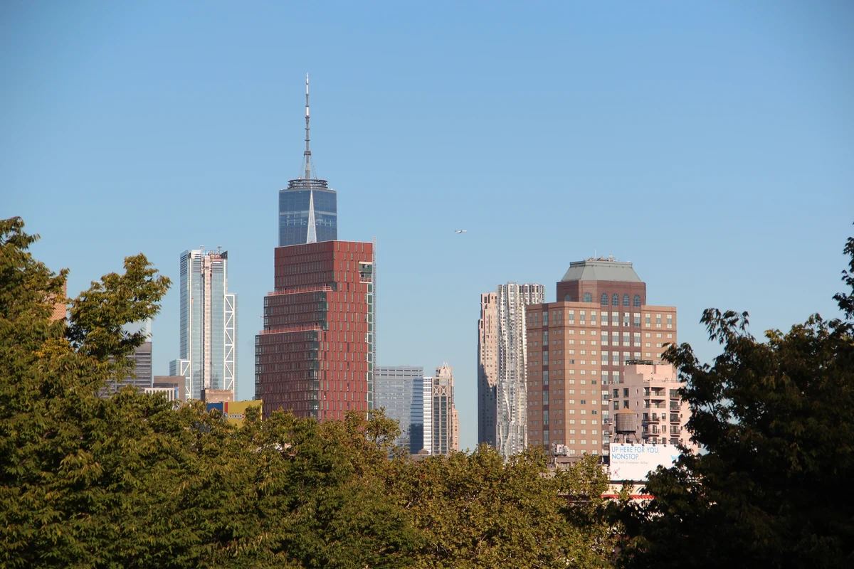 The New York skyline seen beyond the trees in Fort Greene Park.