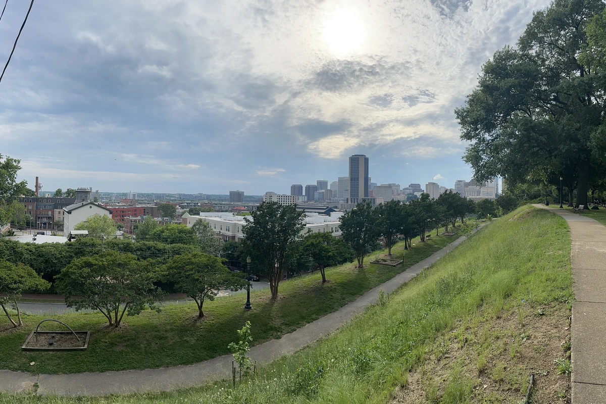 Richmond buildings seen over the trees from Jefferson Park.