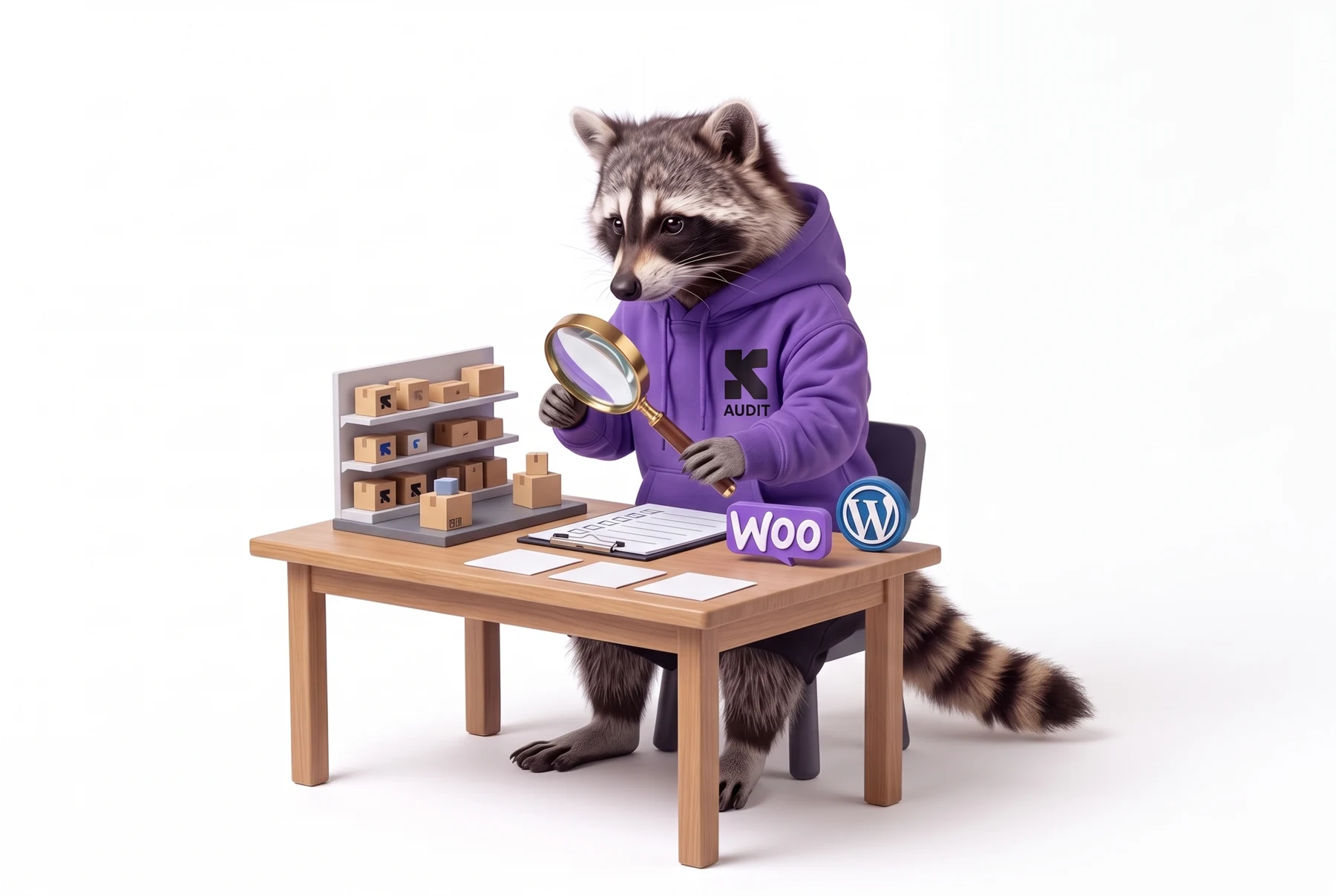 Religh’s raccoon reviewing a store model, catalog and assessment notes.