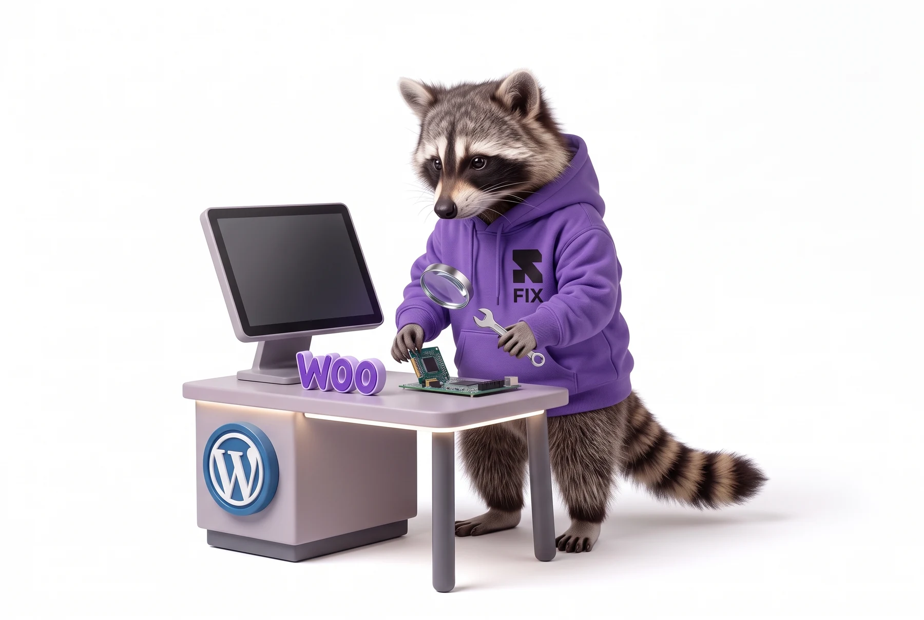 Religh’s raccoon investigating a storefront checkout issue at a diagnostic bench.