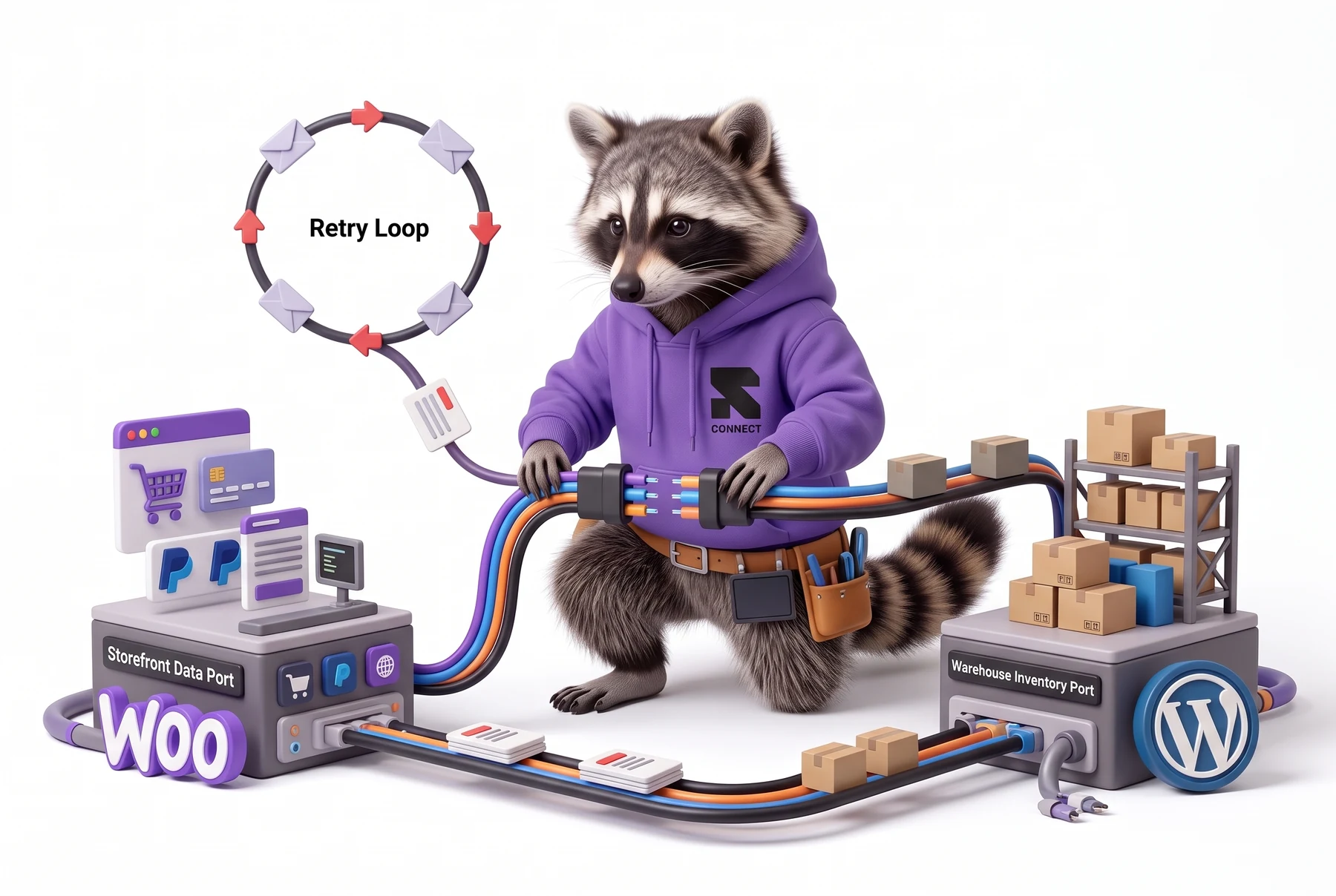 Religh’s raccoon connecting a storefront and an inventory system with directed data routes.