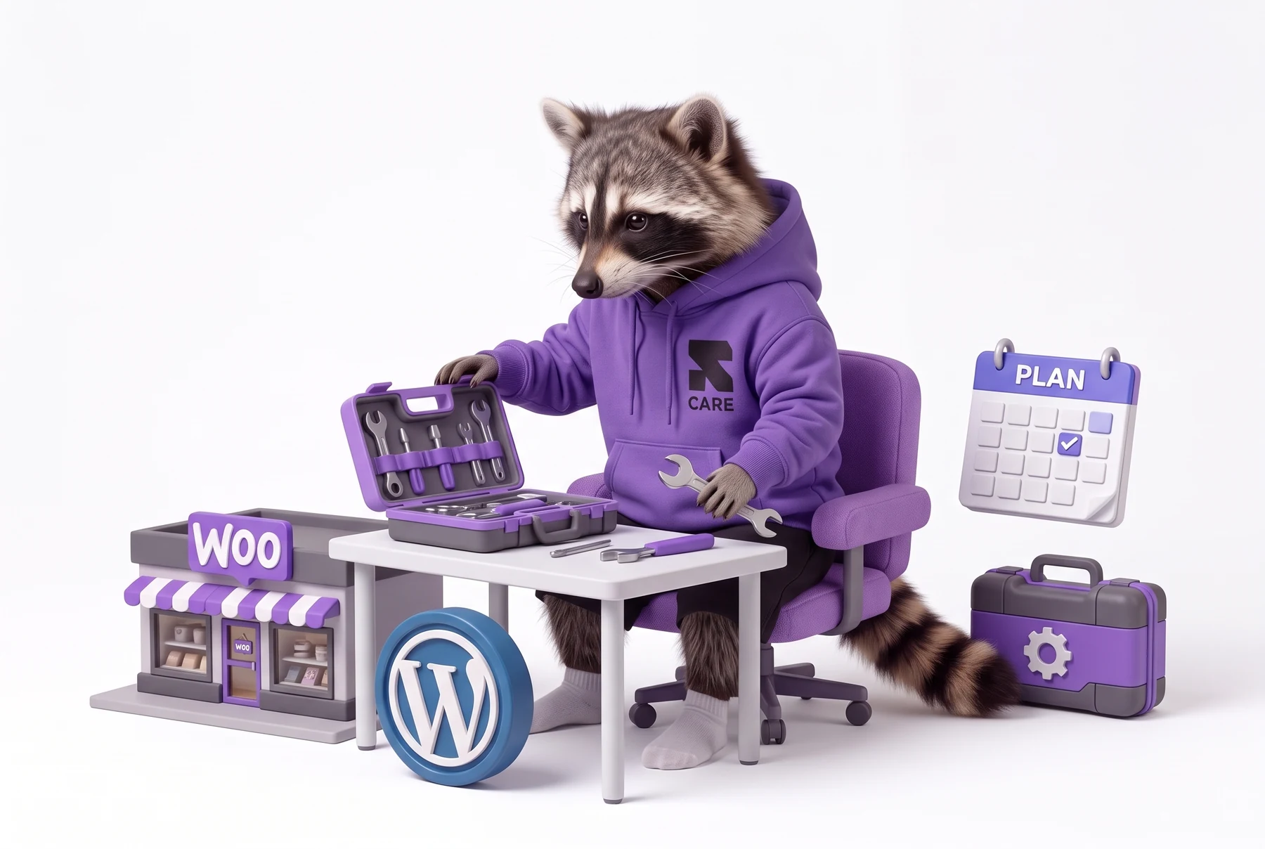 Religh’s raccoon planning store maintenance with a toolkit, calendar and backup case.