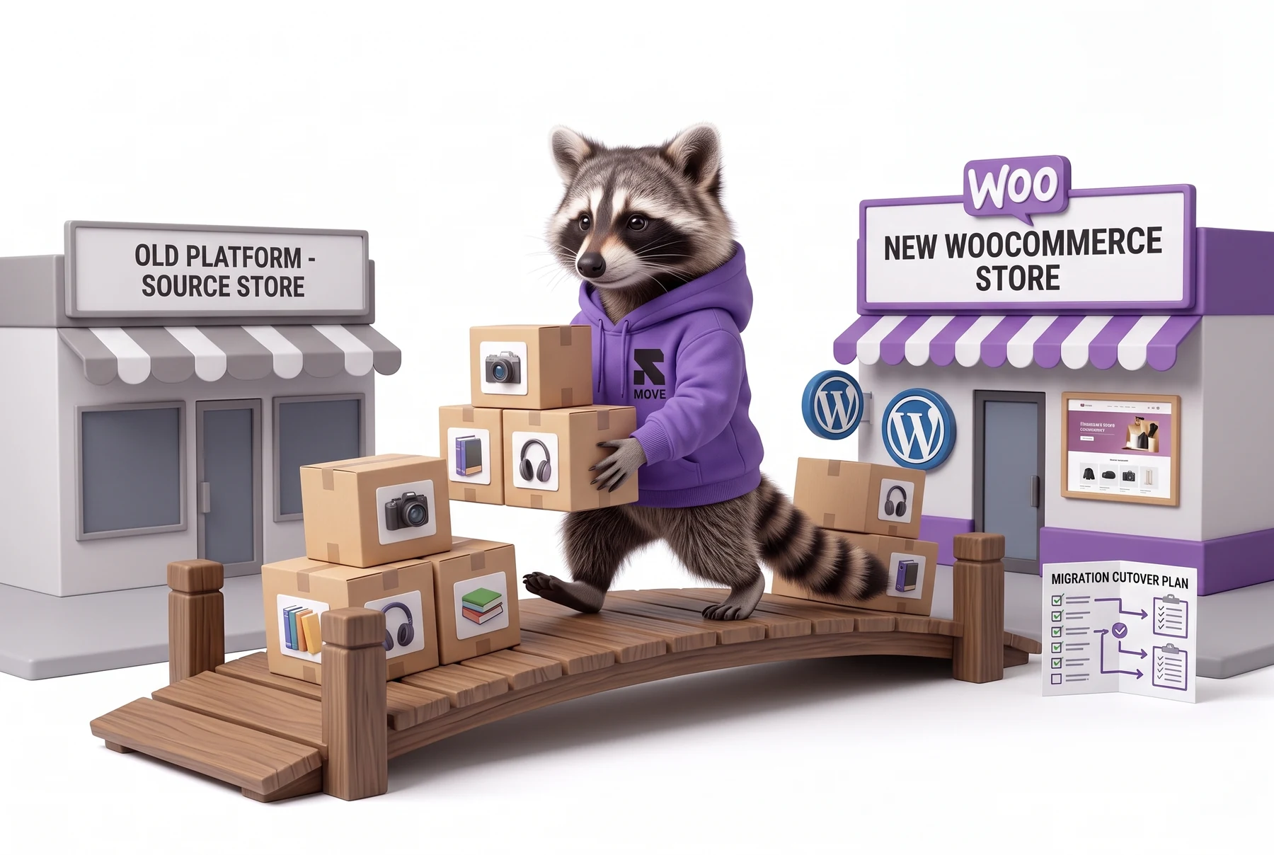 Religh’s raccoon moving catalog boxes between distinct source and target storefronts.