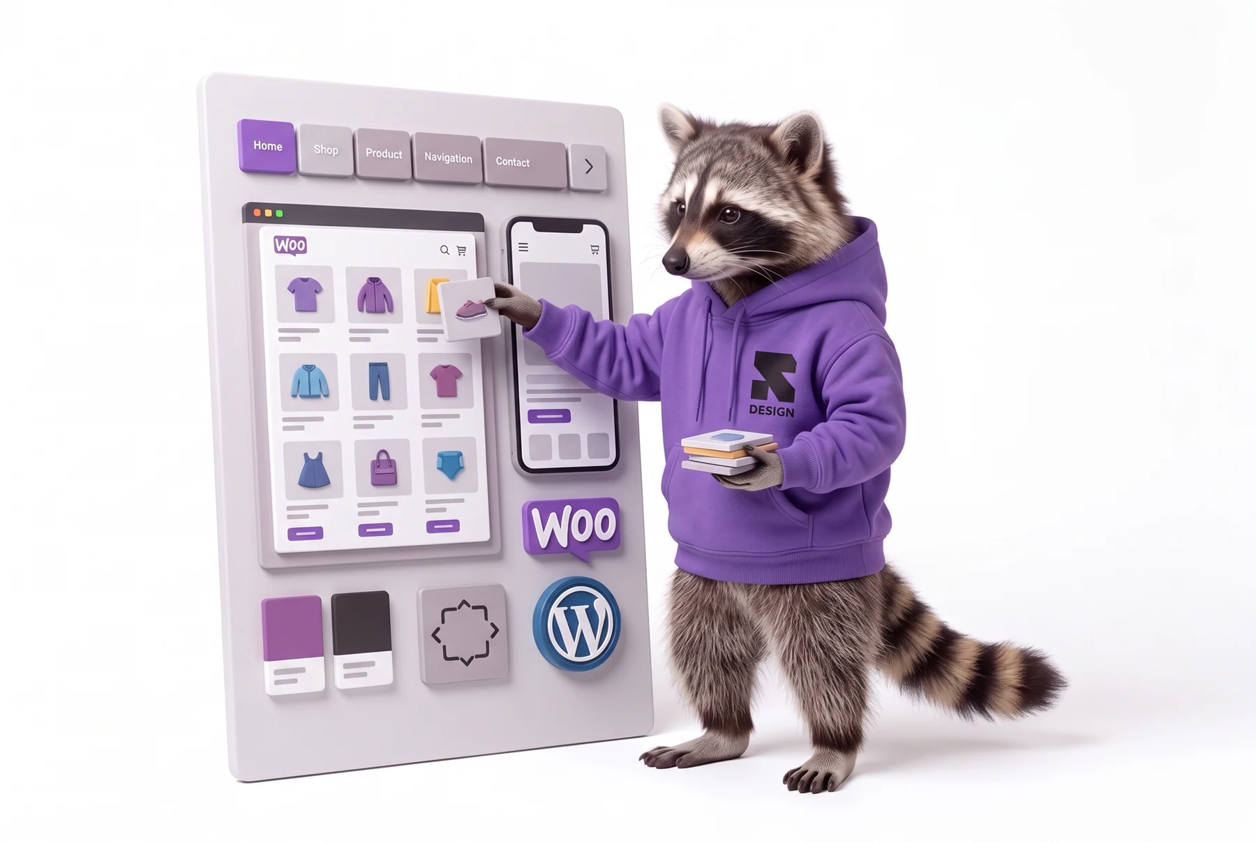 Religh’s raccoon arranging storefront templates, product tiles and mobile design panels.