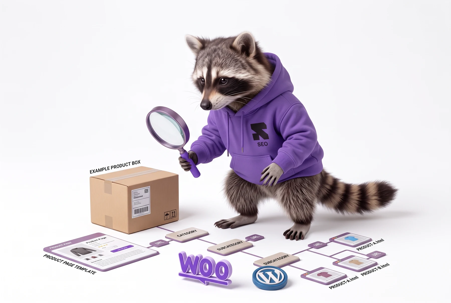Religh’s raccoon inspecting product pages and a connected catalog route map.