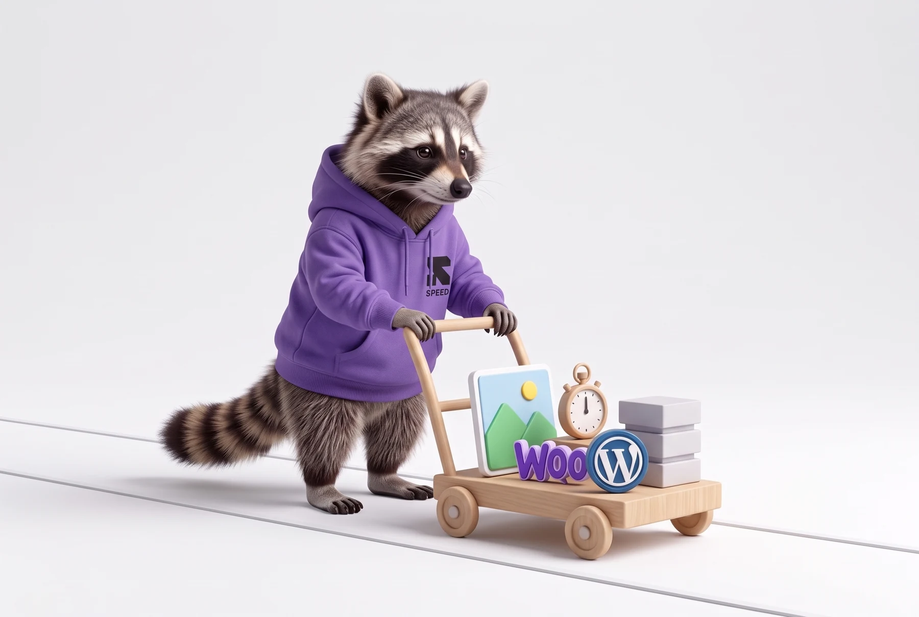 Religh’s raccoon simplifying a storefront cart beside image, request and timing props.