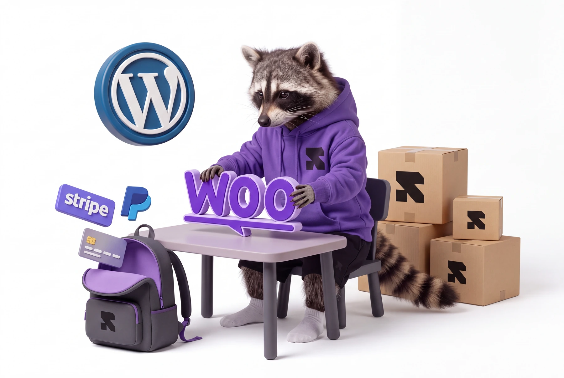 Religh’s raccoon assembling Woo letters at a desk, with a WordPress emblem, a payment-plugin backpack and branded shipping boxes