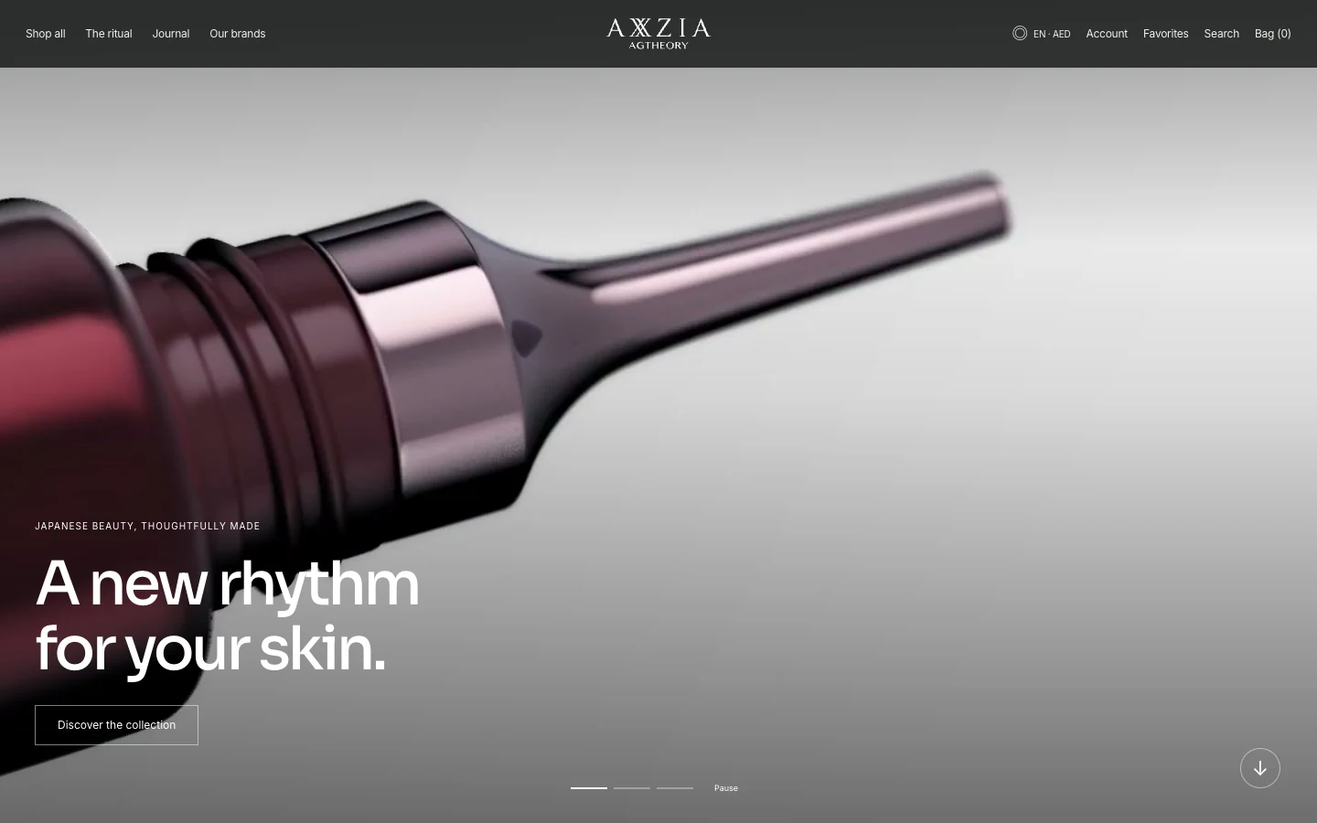 AXXZIA’s rebuilt WooCommerce homepage, with its skincare navigation and AGTHEORY product imagery.